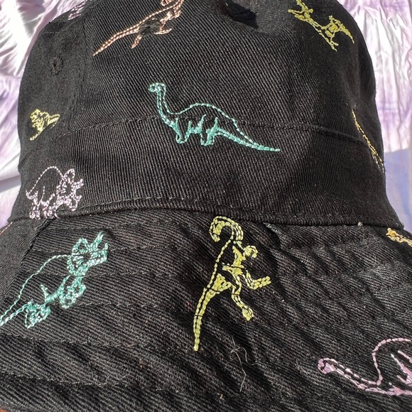 Multicolored Embroidered Dinosaur Black Bucket Hat - Picture 5 of 5